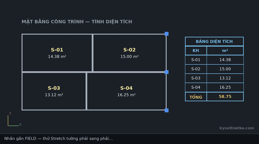 Lisp tính diện tích tự động trong AutoCAD – Area Label 2 Lisp Area Label gắn Field diện tích tự cập nhật khi sửa hình trong AutoCAD