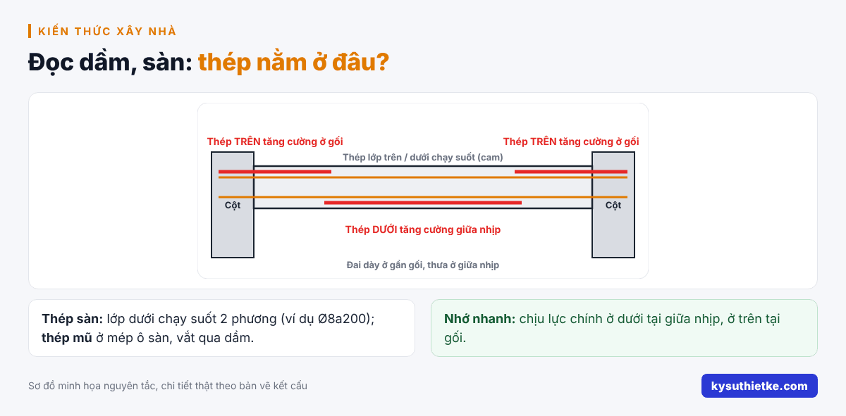 Cách đọc bản vẽ kết cấu nhà dân cho người mới: móng, cột, dầm, sàn 2 Vị trí thép chịu lực chính trong dầm và sàn