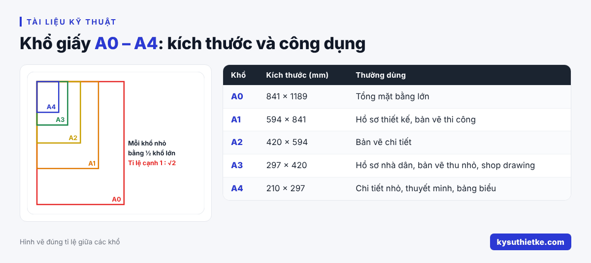 Khổ giấy bản vẽ A0, A1, A2, A3, A4: Kích thước và cách dựng khung tên trong AutoCAD 1 Kích thước khổ giấy A0 đến A4 và công dụng