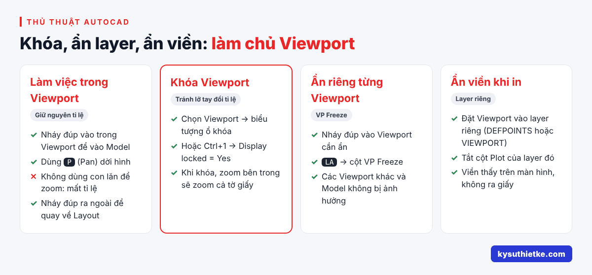 Layout và Viewport trong AutoCAD: Cách dàn trang bản vẽ đúng tỉ lệ 4 Làm việc trong Viewport, khóa Viewport, VP Freeze và ẩn viền khi in